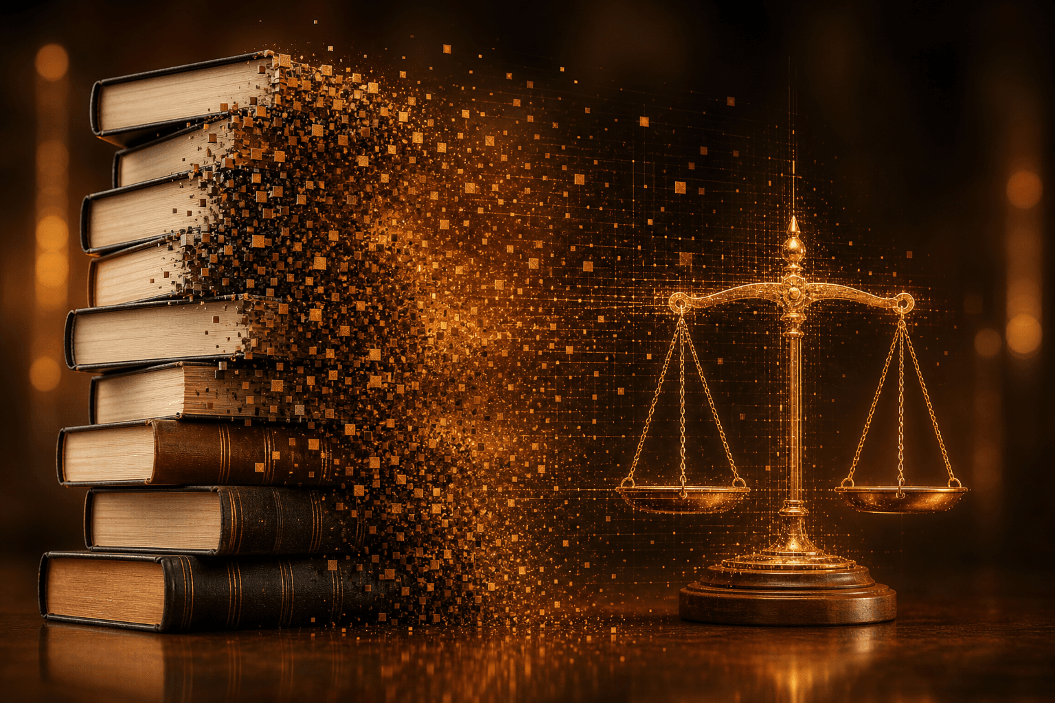 پشتهٔ کتاب که به ذرات دیجیتال و ترازوی عدالت تبدیل می‌شود؛ نماد توافق حق نشر Anthropic